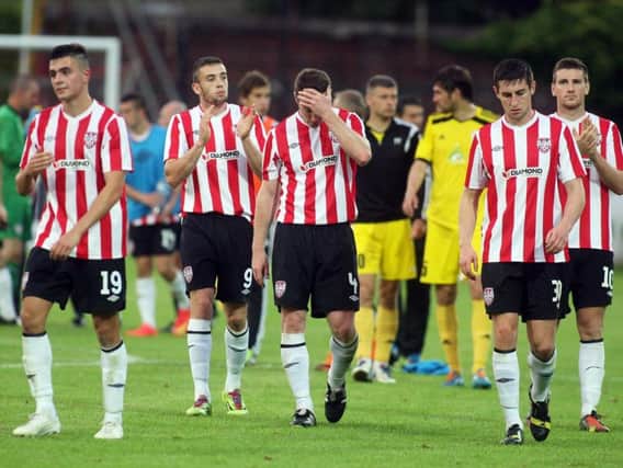 Former Derry City players, Mark Timlin, Nathan Boyle, Barry Molloy, Aaron Barry and Patrick McEleney pictured at Brandywell the last time European football was played at the stadium in 2014. Belarus side, Shakhtyor Soligorsk defeated Derry 1-0 in the first leg.