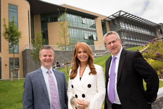Dr Malachy " NÃ©ill, Provost of Ulster Universitys Magee Campus, Dr Roma Downey, Ulster University Honorary Graduate and Professor Paddy Nixon, Vice-Chancellor, Ulster University.