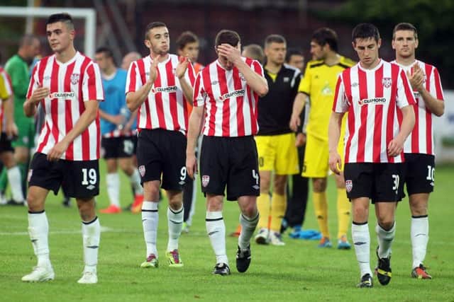 Former Derry City players, Mark Timlin, Nathan Boyle, Barry Molloy, Aaron Barry and Patrick McEleney pictured at Brandywell the last time European football was played at the stadium in 2014. Belarus side, Shakhtyor Soligorsk defeated Derry 1-0 in the first leg.