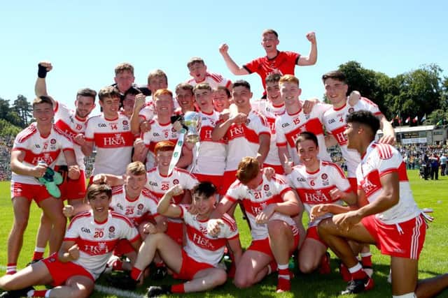 Derry U20 players celebrate following their victory over Armagh in Clones.