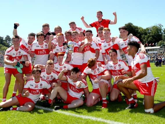 Derry U20 players celebrate following their victory over Armagh in Clones.