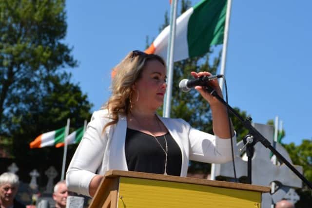 Sinn Fein Council group leader Sandra Duffy giving the main oration at the event.
