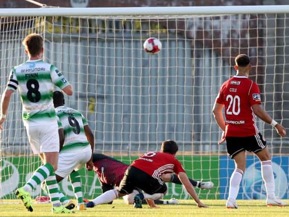 Dan Carr puts Shamrock Rovers ahead in first half stoppage time.