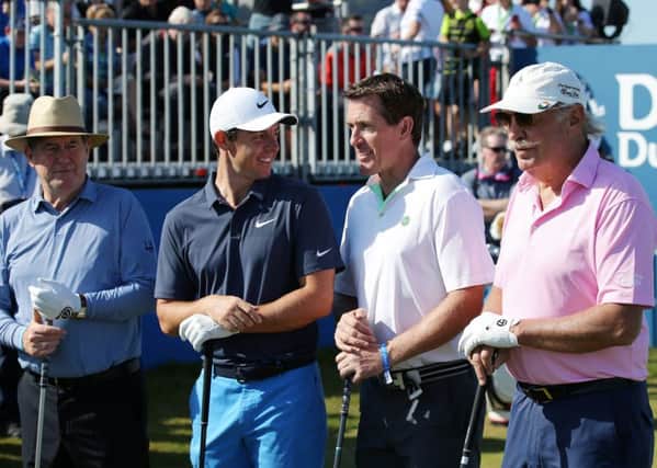 Rory McIlroy on the first tee with Tony McCoy, JP McManus and Dermot Desmond at the Pro-Am at Ballyliffin. Photo by Kelvin Boyes / Press Eye.