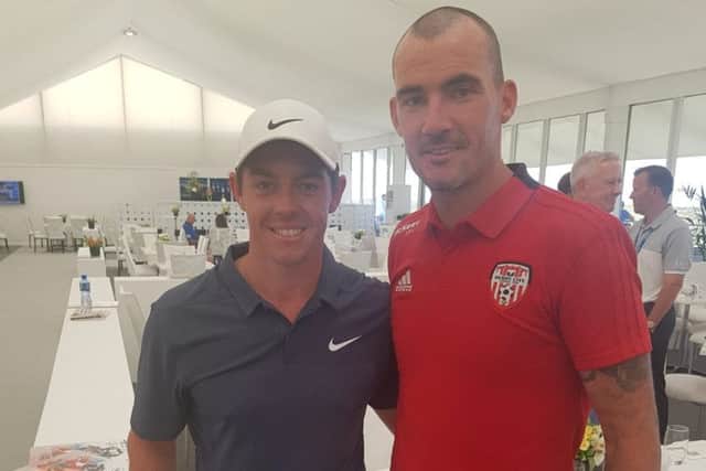 Derry City skipper Gerard Doherty pictured alongside former world number one Rory McIlroy, at Wednesday's Irish Open Pro-Am event, at Ballyliffin.