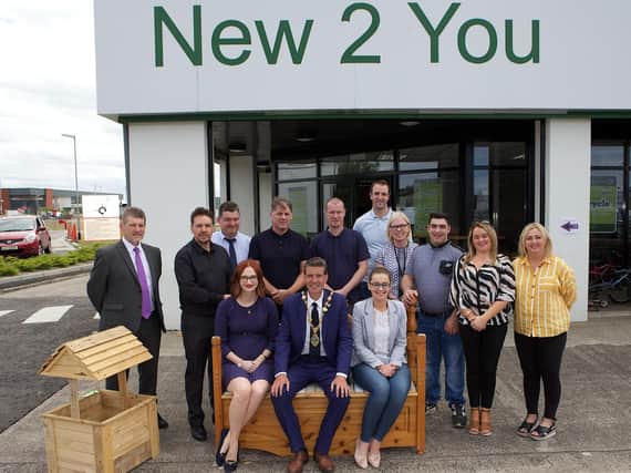 Mayor John Boyle with staff members, Collette Coyle, Active Inclusion Project Manager, and on right Gemma Logue at the Active Inclusion Project launch at New 2 You Centre, Pennyburn. Standing, from left, are Alderman Derek Hussey, David Thompson, Alderman David Ramsey, Joe Brolly, Centre Manager, Kelvin Casson, Mark H. Durkan, MLA, Margaret O'Kane, Dean Armstrong, Trainee, Colr. Sandra Duffy and Karen Mullan, MLA.  (Photo - Tom Heaney, nwpresspics).