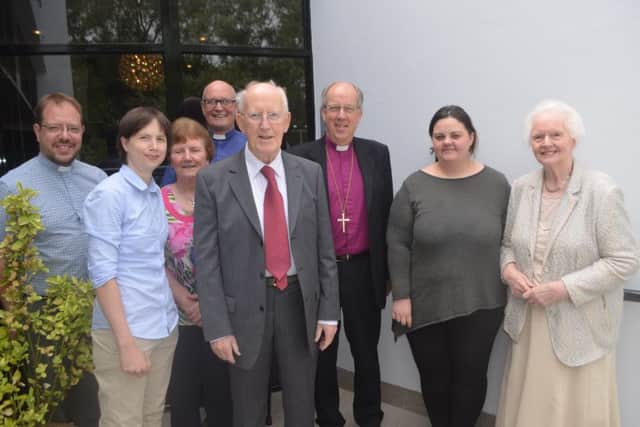 (l-r): Rev Adam Pullen, Claire Henderson, Sylvia Donnell, Canon Paul Hoey, Albert Smallwoods, Bishop Ken Good, Joanne Miller and Vivian Smallwoods.