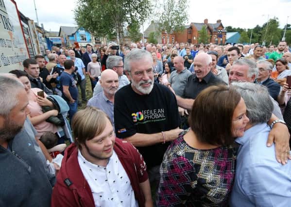 Sinn Fein hold a rally in West Belfast on the site of the old Andersonstown Barracks in solidarity with the families of senior party members Gerry Adams and Bobby Storey whose homes were attacked and in solidarity with the people of the Bogside of Derry.

Sinn Fein Leader and Party President Mary Lou McDonald is pictured with Gerry Adams at the event.
Photo by Kelvin Boyes / Press Eye.