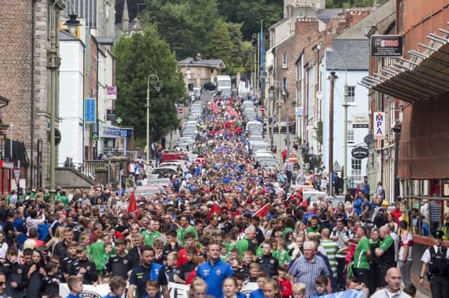 The 2018 O'Neills Foyle Cup Parade makes it way down Great James Street.