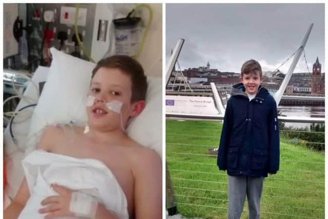 Adam pictured in hospital immediately after the transplant and in Derry a few weeks after the operation