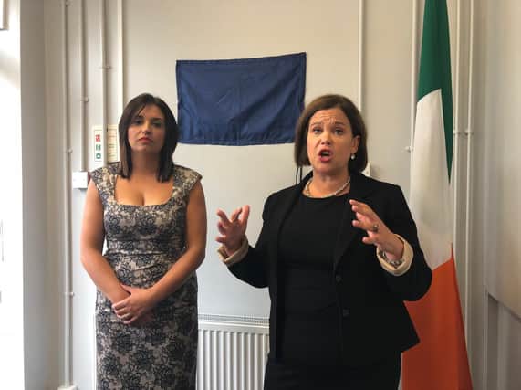 Mary Lou McDonald with Elisha McCallion in Derry this afternoon.