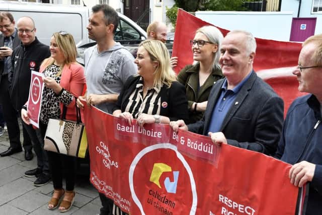 Local politicians taking part in the protest at An Culturlann yesterday. DER3118-136KM