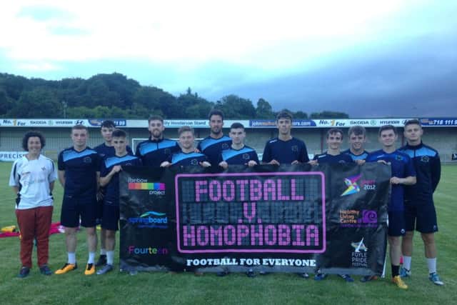 Institute F.C. players supporting Football V Homophobia in 2017.