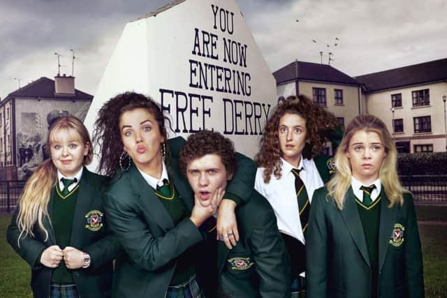 l-r:  Clare Devlin (Nicola Coughlan), Michelle Mallon (Jamie-Lee O'Donnell), James Maguire (Dylan Llewellyn), Orla McCool (Louisa Clare Harland), Erin Quinn (Saoirse Monica Jackson)