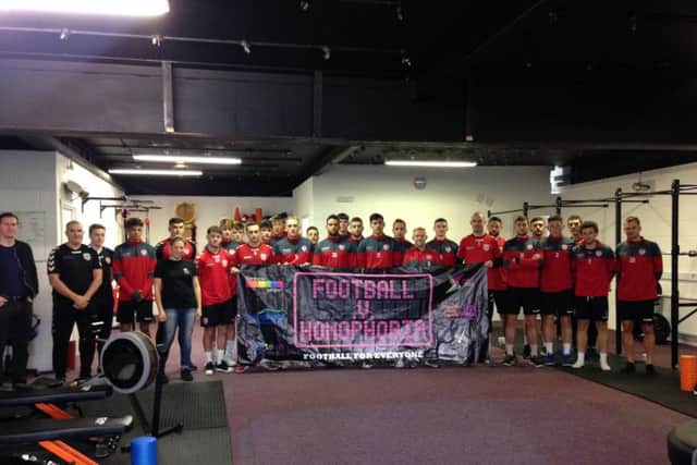 Institute F.C. players supporting Football V Homophobia in 2017.