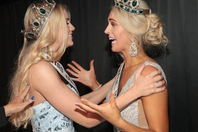 Miss Universe Ireland 2017 Cailin Aine Ni Toibin (left) with Miss Universe Donegal Grainne Gallanagh (Right) who was crowned winner of Miss Universe Ireland 2018 at the Mansion House, Dublin.