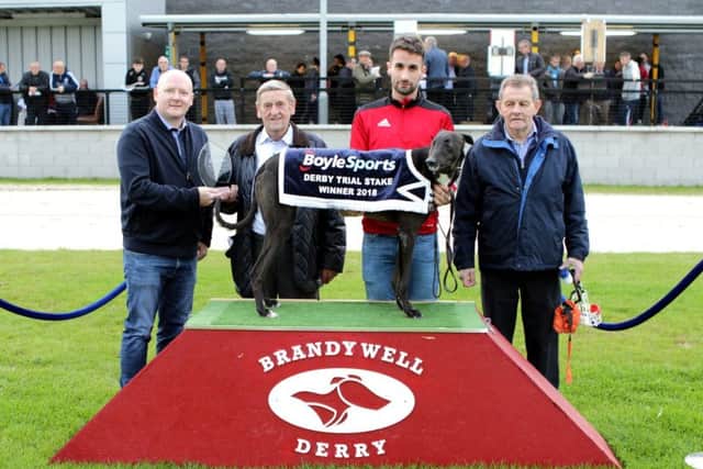 Winner of the Brandywell heat of The Boylesport Derby Trial Stake over 525 yards, Central Boss pictured with, from left, Daniel McLaughlin of The Brandywell Racing Company presenting the beautiful quartz glass trophy to the winning owner Mr Brendan Duffy from Derry. Thomas Crossan is in the centre holding the dog and Danny Melly is on the extreme right.