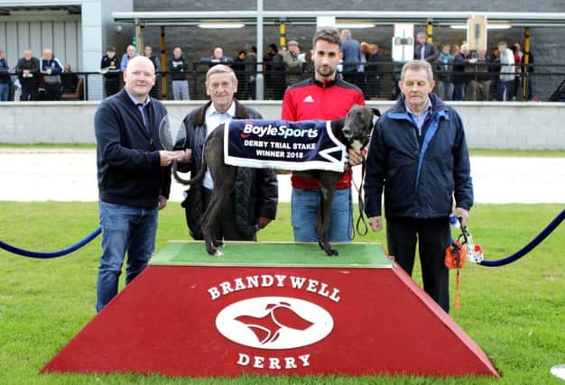 Winner of the Brandywell heat of The Boylesport Derby Trial Stake over 525 yards, Central Boss pictured with, from left, Daniel McLaughlin of The Brandywell Racing Company presenting the beautiful quartz glass trophy to the winning owner Mr Brendan Duffy from Derry. Thomas Crossan is in the centre holding the dog and Danny Melly is on the extreme right.
