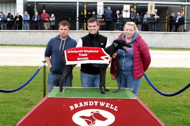 The Brandywell 300 Sprint winner, Porthall Magic pictured with, from left to right,  winning owner Dylan and Kyle Porter from Co Donegal and Niamh McCrory.