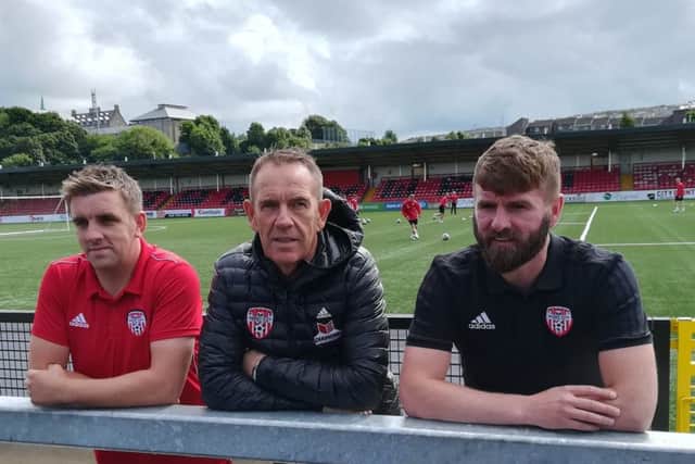 Derry City manager Kenny Shiels (centre) and Paddy McCourt, Head of Academy (left) welcome Mo Mahon the club's U13 assistant manager.