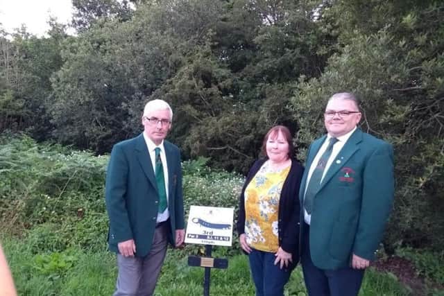 Redcastle Golf Club captain, Patrick Canning (right) and club member, Terry Green pictured with Sheena, the wife of the late Ben Casey, at the official renaming of the third tee-box.