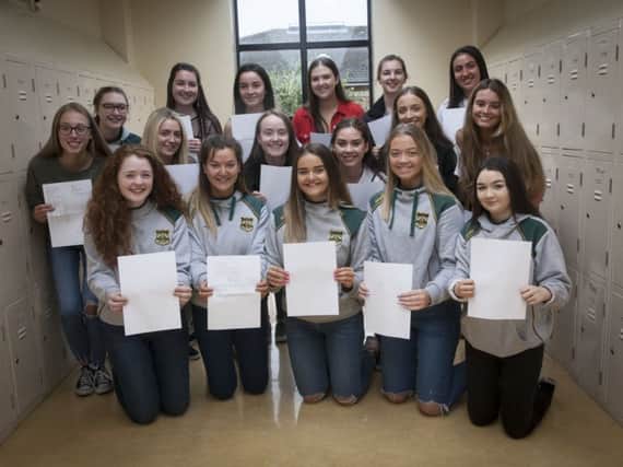 HAPPY STUDENTS. . . .Thornhill students pictured after receiving their A Level results at the Culmore Road College on Thursday morning. (Photos: Jim McCafferty Photography)