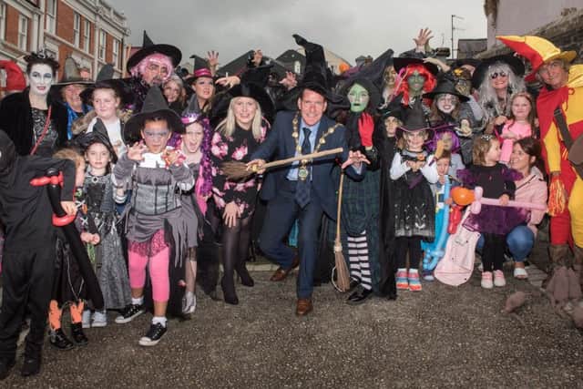 No Fee For Reproduction
The Mayor Councillor John Boyle and Michelle Jameson from Tourism NI with some of the hundreds of witches who descended on the Walls of Derry-Londonderry as Derry City and Strabane District Council launched it's Hallowe'en 2018 programme and to celebrate 400 years of the world famous Walls. Picture Martin McKeown. Inpresspics.com. 16.08.18