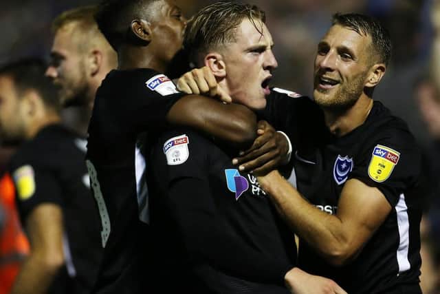 Ronan Curtis celebrates his late winning goal against Bristol Rovers.