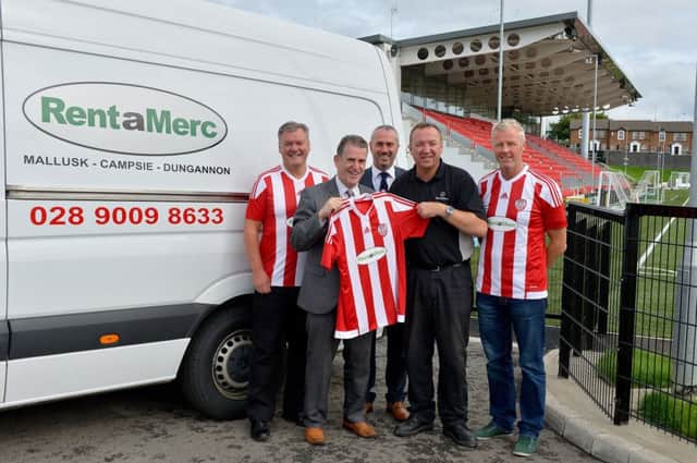 Liam Coyle presents Derry City Legends manager Martin Mullan with a shirt, from the new kit sponsored by RentaMerc, a Brandywell stadium recently. Included in the photograph are Jack Keay, Noel Murray, coach and Donal OBrien. DER3418GS001