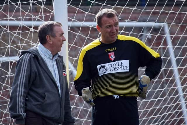 Legends under pressure, Liam Coyle mans the net for Derry City Legends, against Brandywell Flowers. 0708GM18