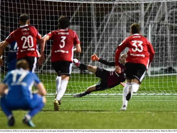 Gerard Doherty saves a 95th penalty from Ian Turner to send Derry City through to the quarter-finals of the FAI Cup.