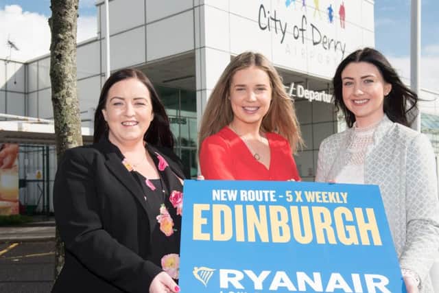 Eimear Ryan, Sales and Marketing Executive, UK and Ireland with Ryanair pictured with City of Derry Airport Manager, Charlene Shongo, left and Maressa McGilligan, Marketing Executive City of Derry Airport as they announce that the new route from the Airport to Edinburgh is now available. Picture Martin McKeown. Inpresspics.com. Picture Martin McKeown. Inpresspics.com. 24.08.17