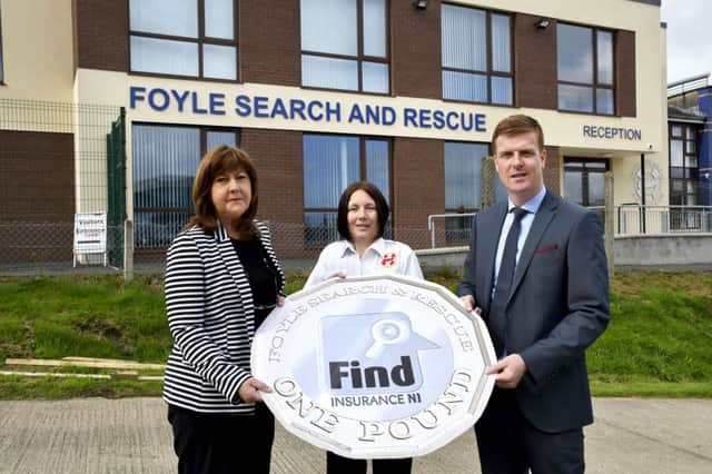 Colin Mullan, Managing Director, and Jennifer Crossan, left, of Find Insurance NI, pictured with Christina McKeegan, Project Coordinator, Foyle Search And Rescue, at the launch of their charity partnership on Thursday. DER3518-133KM