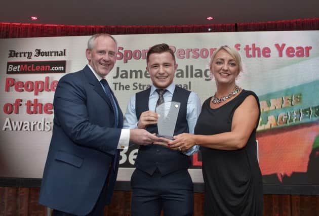 James the Strabanimal Gallagher receives the Sportsperson of the Year Award from Paul McLean, sponsor, and Jacqui Diamond, Derry Journal at last year's awards. DER3617GS022