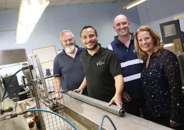 Brazilian engineer Vitor MagalhÃ£es is joined by (left) Chris Clements Plant Manager at Precision Processing Services Ltd (PPSL) and right, Julian Whitehead Chemical, Technical, R&D Engineer at (PPSL) and Mary Mallon, IAESTE Manager, British Council.