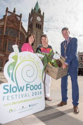 The Mayor Councillor John Boyle pictured at the launch of the award winning  Slow Food Festival with chef Paula McIntyre, Director of Slow Food NI and Aeidin McCarter, Head of Culture at Derry City and Strabane District Council. The Slow Food Festival 2018 is taking place on Saturday the 29th and Sunday the 30th of September in Guildhall Square and will include demos and masterclasses , street animation and workshops for children who can learn about where food comes from in a fun and interactive way. Picture Martin McKeown. Inpresspics.com. 03.09.18