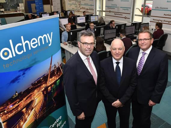 Pictured at the announcement by Alchemy Technology Services in the North West Regional College were, from left, Alastair Hamilton, CEO, Invest NI, John Harkin, Director and Founder of Alchemy, and Derek Anderson, Investment Manager, Invest NI. DER3718-160KM