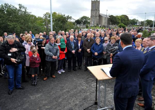Toiseach Leo Varadkar addresses the attendance at the official opening the new Â¬3.15 million Cockhill Bridge on Tuesday afternoon last. Included in the photograph is Minister for State Joe McHugh TD. DER3618GS014