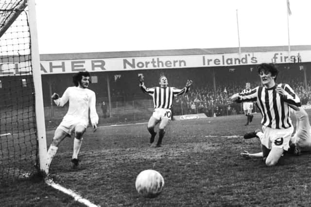 The great Danny Hale wasn't able to lift a cup with Derry City. Pictured here in the 1971 Irish Cup Final at Windsor Park, Hale sees an effort go just past the post during the 3-0 loss to a Martin O'Neill inspired Lisburn Distillery.