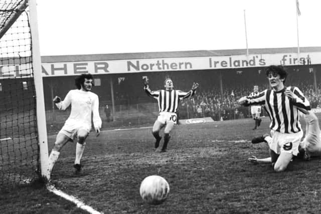 The great Danny Hale wasn't able to lift a cup with Derry City. Pictured here in the 1971 Irish Cup Final at Windsor Park, Hale sees an effort go just past the post during the 3-0 loss to a Martin O'Neill inspired Lisburn Distillery.