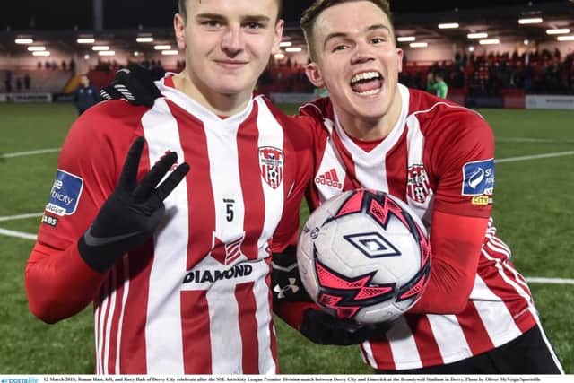 Ronan Hale, left, and Rory Hale of Derry City celebrate after Ronan's hat-trick in the big win over Limerick in March.