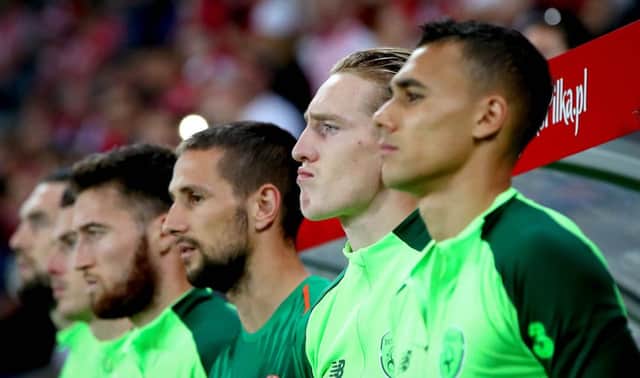 Portsmouth's Ronan Curtis pictured on the bench during the recent Republic of Ireland friendly against Poland at the Stadion Miejski, Wroclaw.