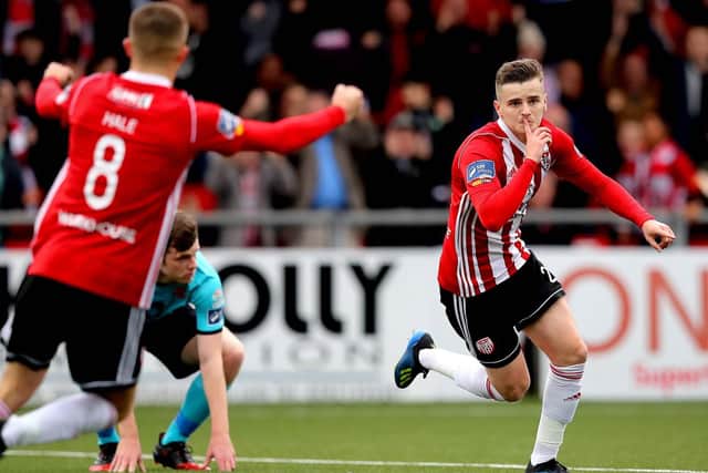 Ronan Hale opens the scoring in the EA Sports Cup Final at Brandywell.