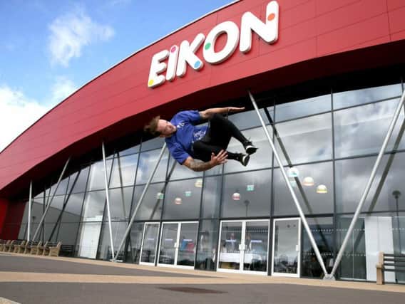 Paul Allen from Jump NI performs outside the Eikon Exhibition centre to launch the Calor N.I Leisure show which will take place at the Lisburn venue on Nov 2-4. The show is Ireland's largest exhibition of caravans, motorhomes and camper vans.