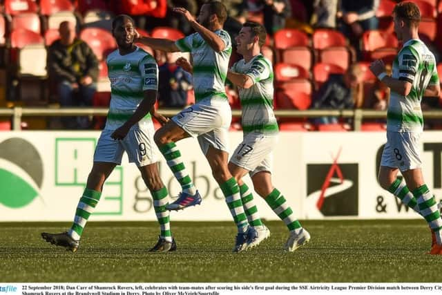 Shamrock Rovers striker, Dan Carr celebrates scoring the winning goal against Derry City at Brandywell.