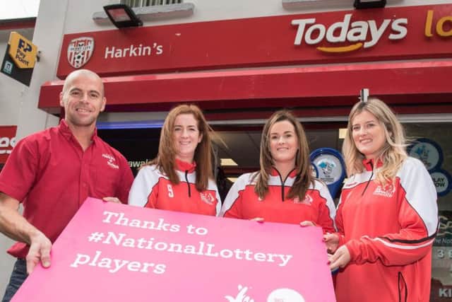 Local National Lottery retailer Gary Harkin with Siuinin McBride, Colleen McCay and Caitlin McBride from the Ryan McBride Foundation thanking National Lottery players for raising money for projects in the local area.