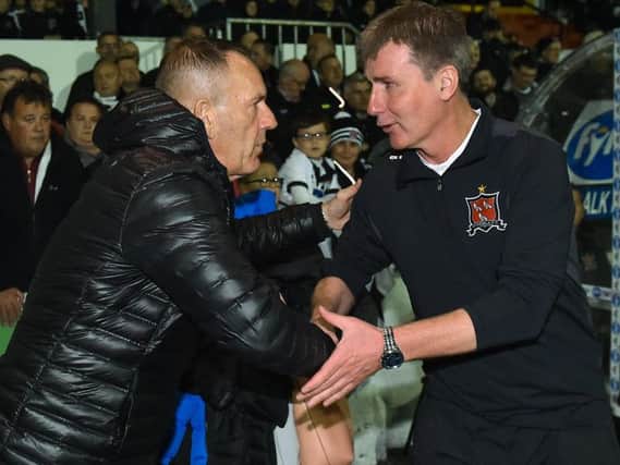 Derry City manager, Kenny Shiels and Dundalk boss, Stephen Kenny shake hands prior to Tuesday night's clash at Oriel Park.