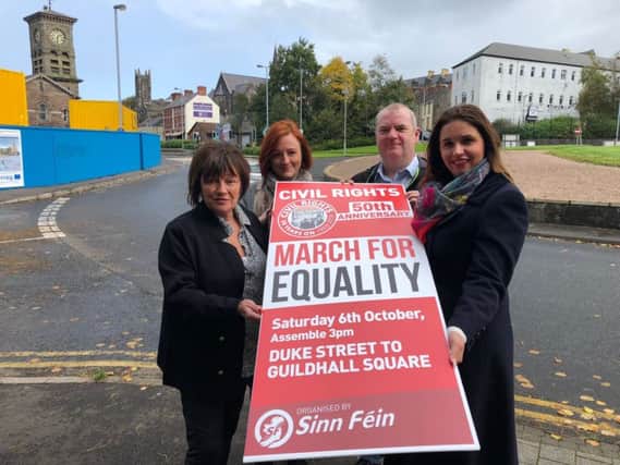 Minty Thompson, Carol Nic Conmara and Martin McConnellogue pictured with Foyle MP Elisha McCallion ahead of Saturday's Civil Rights March.