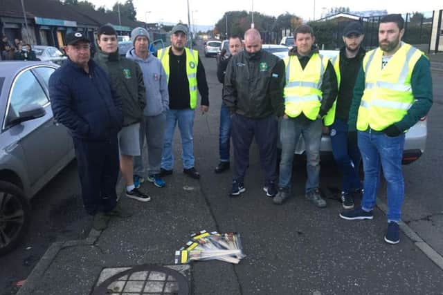 Saoradh members and supporters with fireworks seized in Creggan this afternoon.