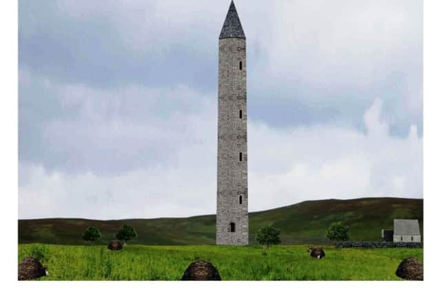 An artists impression of how the round tower, up to 150 feet high, and the surrounding landscape would have looked in the middle ages.